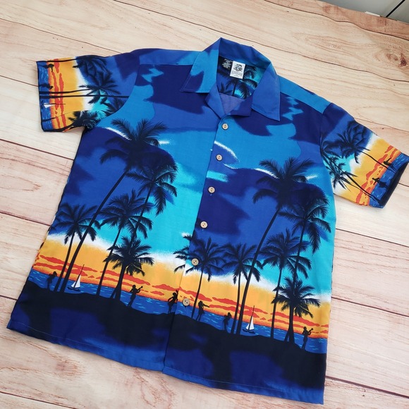 VINTAGE Kennington LTD Hawaiian Shirt Mens Large‎ Blue Palm Tree Beach Vacation - Picture 2 of 8
